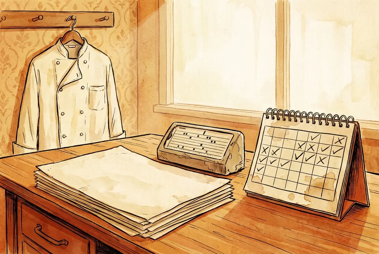 Editorial illustration of a restaurant back office at end of shift, an open binder of staff schedules, time-clock punch cards in a stack, an empty name tag and apron folded on the desk, a half-finished cup of coffee, dim warm overhead light.