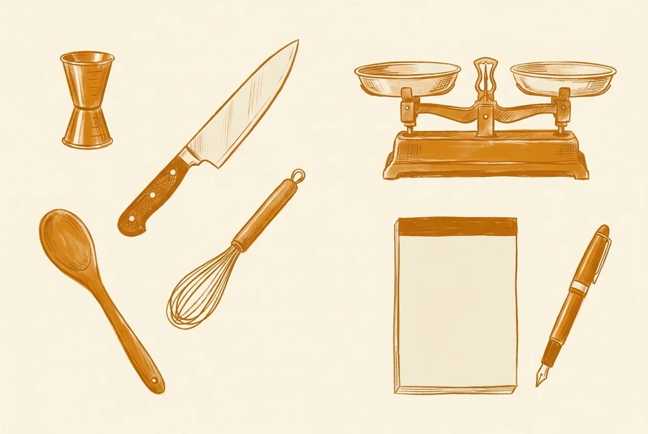 Editorial flat-lay illustration of bar tools and kitchen utensils, measuring jigger, chef's knife, wooden spoon, whisk, scale, notepad, fountain pen, in saffron and cream tones.